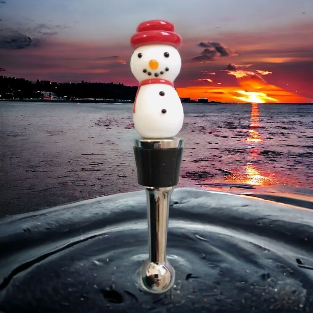 Snowman‎ Frosty Wine Bottle Stopper Cork Hand Blown Art Glass Silver Tone Metal.
